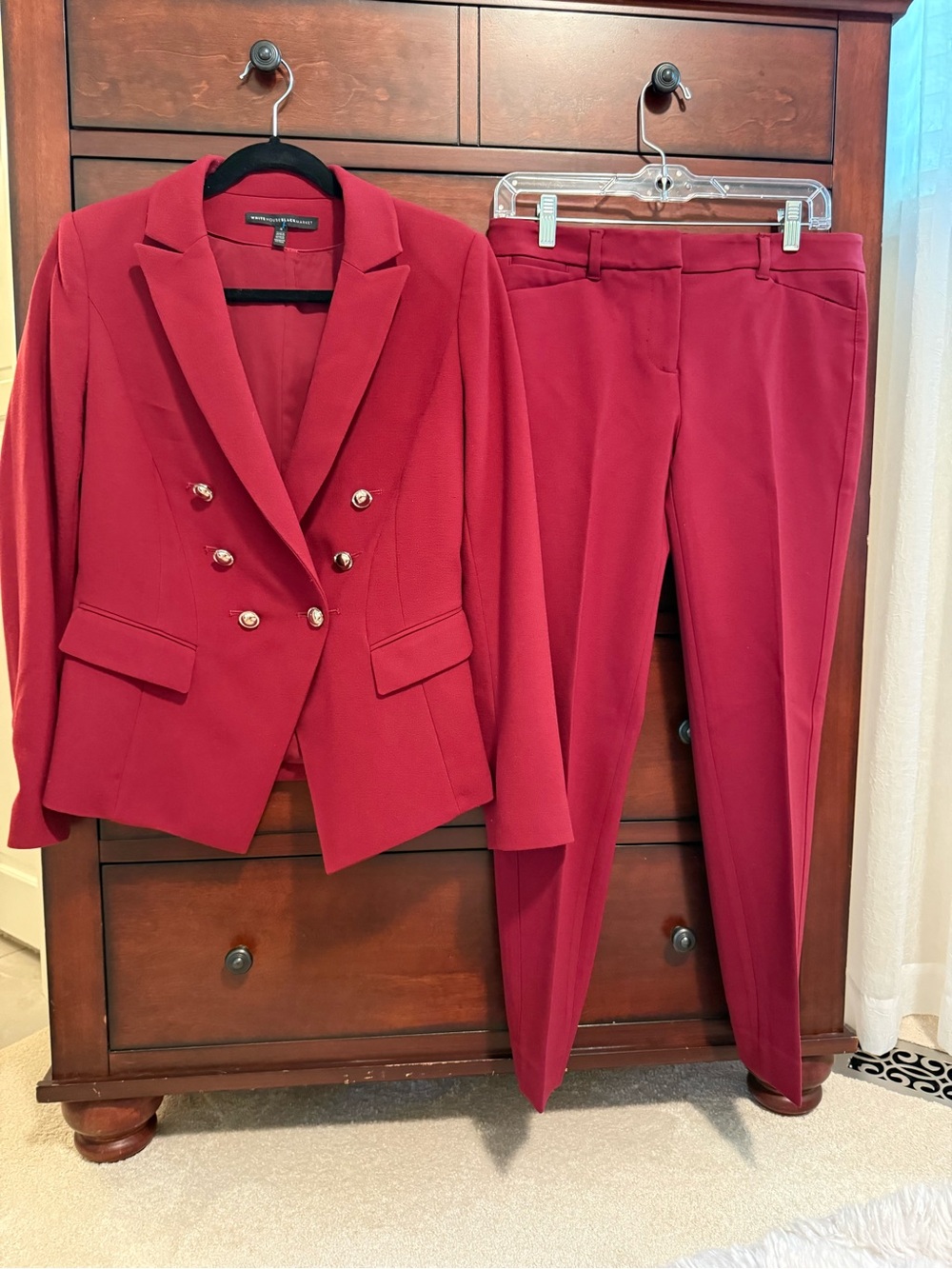 White House Black Market Women's Double-Breasted Pantsuit in Deep Red
